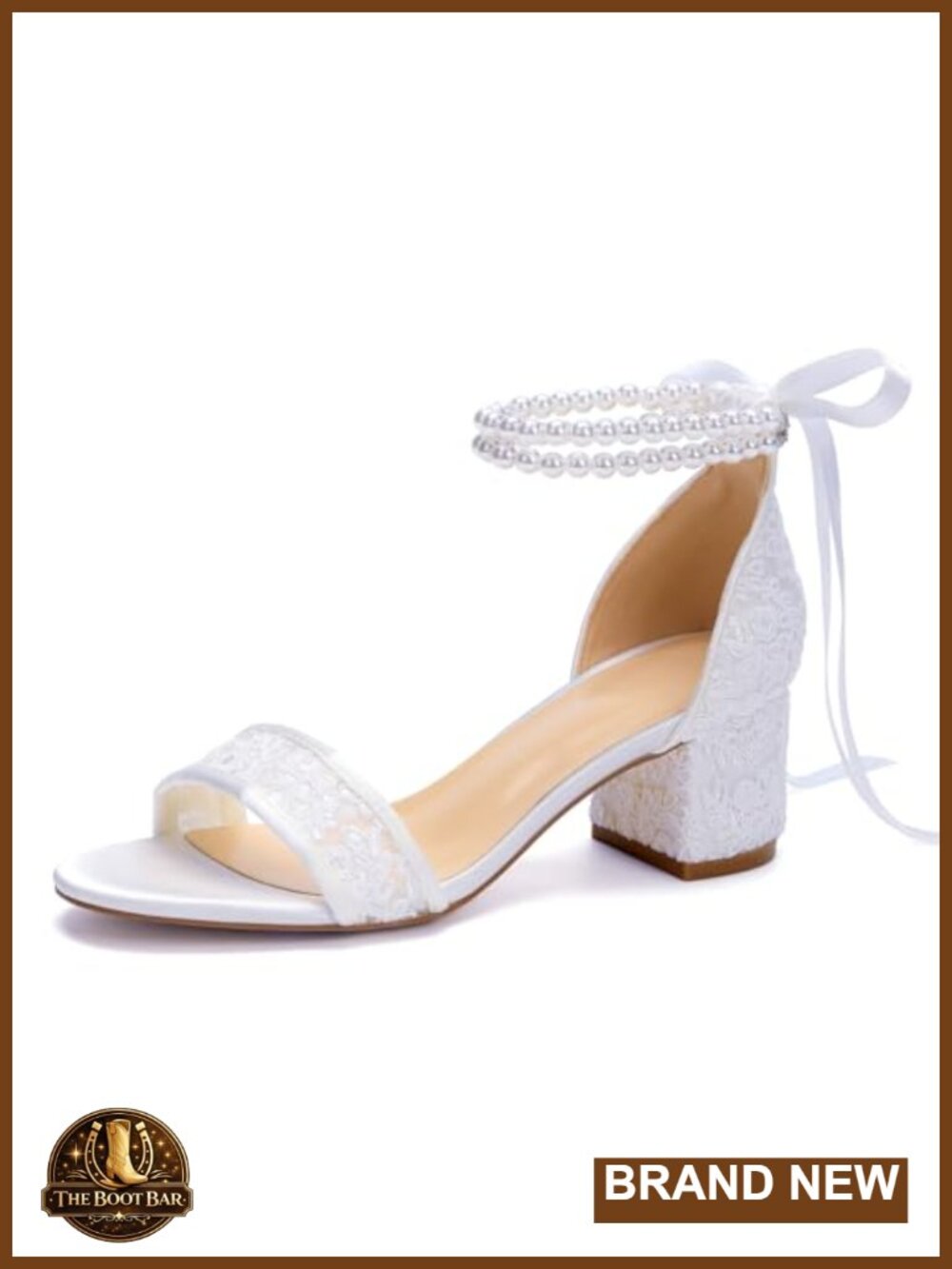 Lace Wedding Shoes Bride Low Block Heel Sandals Pearl Ankle Strap